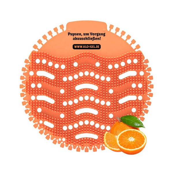 12x Klo-Igel Urinaleinleger (Pissoirsieb, Pissoireinsatz, Urinalsieb) Orange: "Pupsen, um Vorgang abzuschließen!"