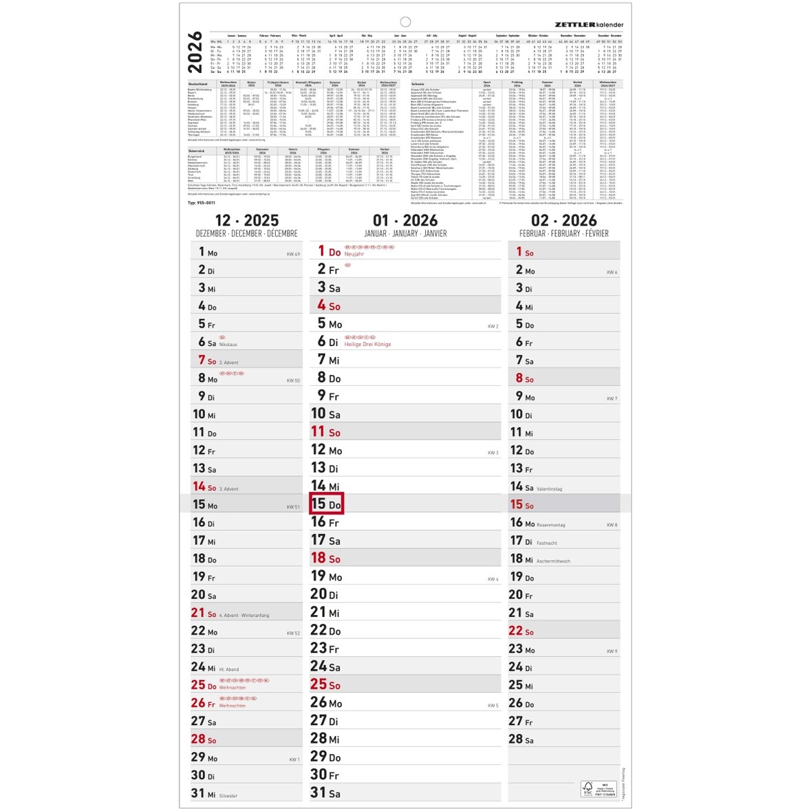 Dreimonatskalender Streifenplaner 955 33x58,8cm 2026