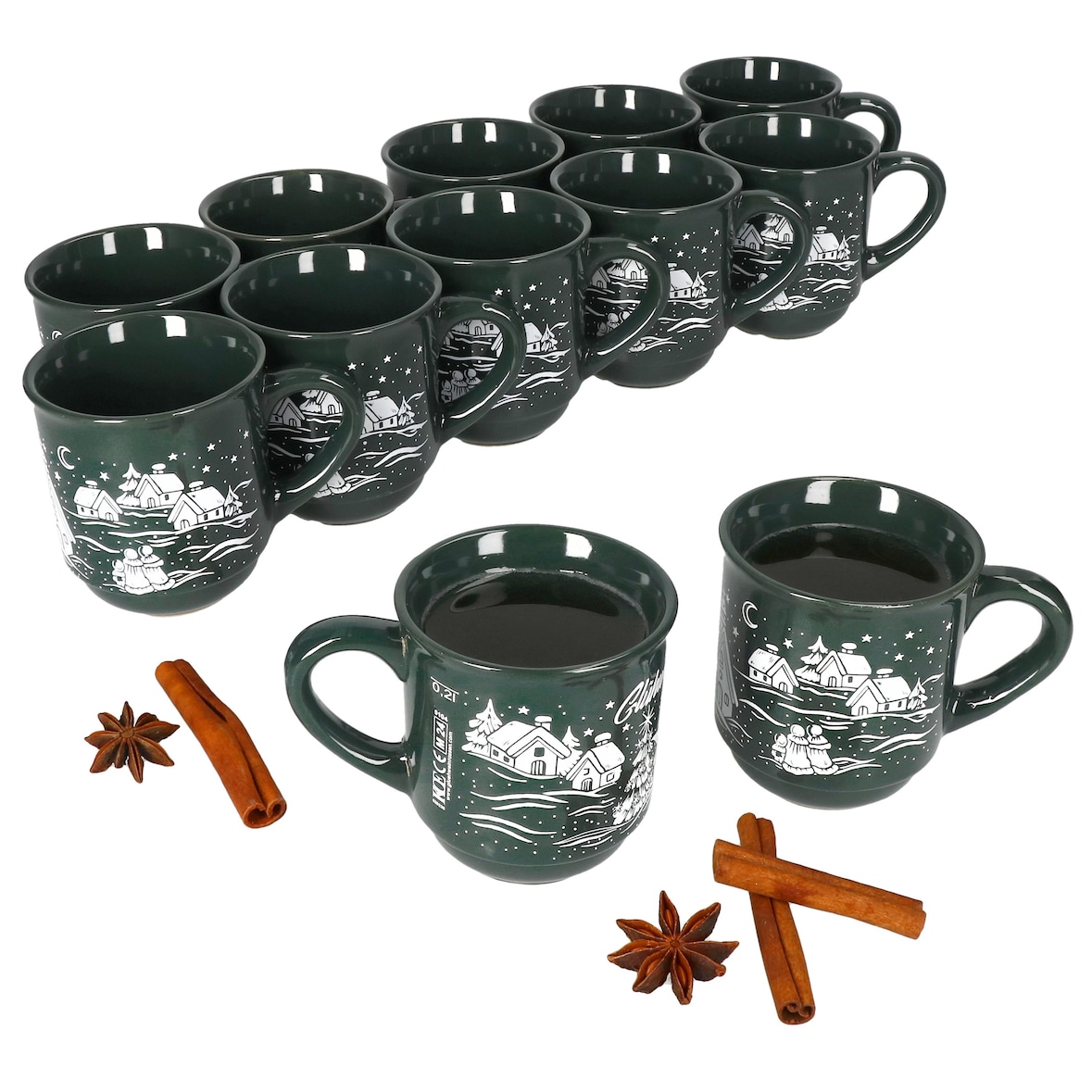 12x Glühweinbecher 0,2L grün Weihnachtslandschaft Keramik Glühweintassen geeicht
