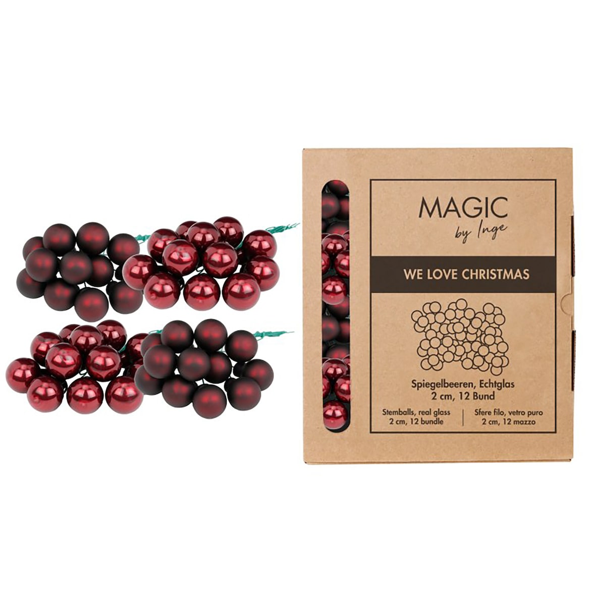 144 Weihnachtskugeln am Draht Glas 2cm Spiegelbeeren matt & glänzend kleine Dekokugeln Mini Christbaumschmuck Weihnachtsdeko Dunkel Weinrot