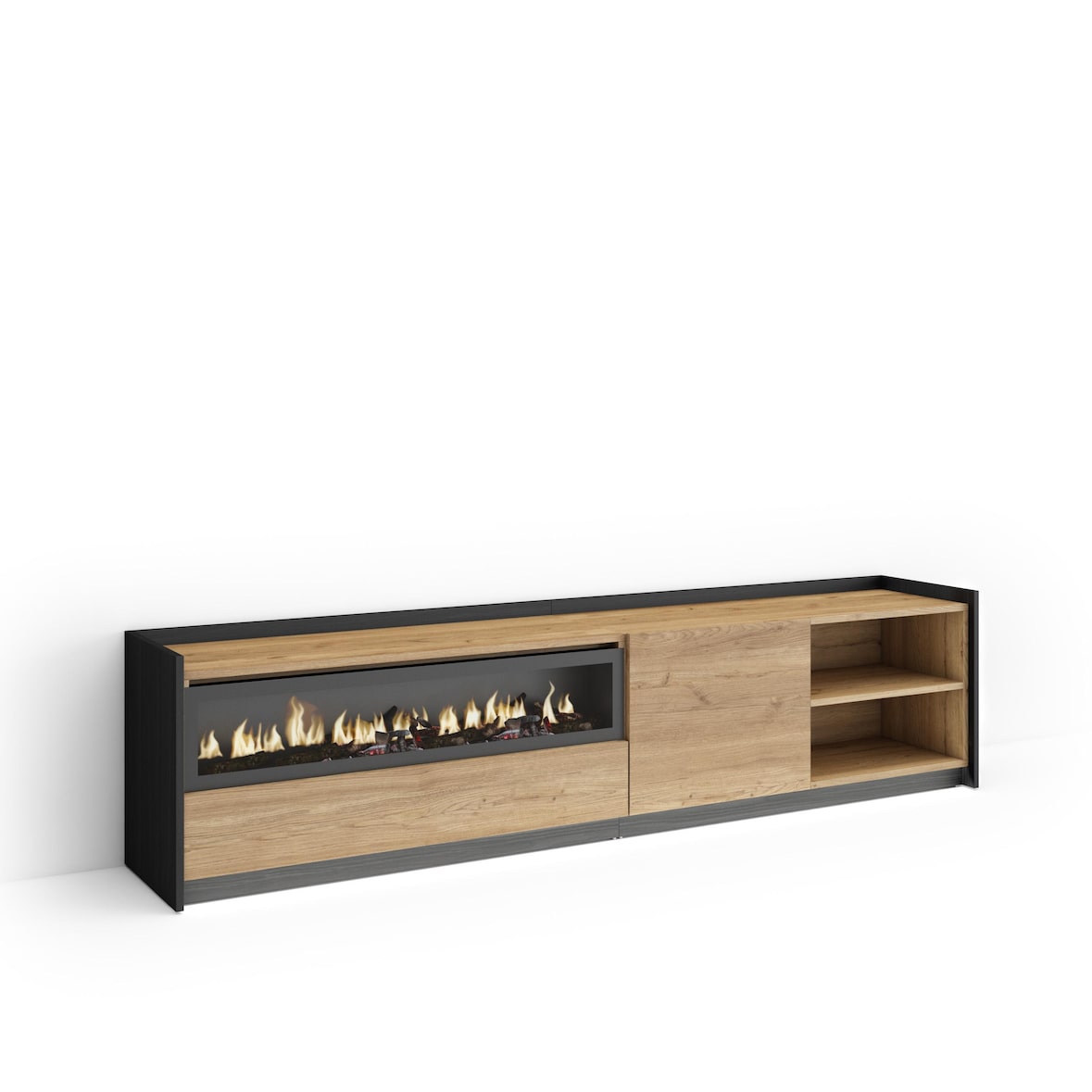 TV-Schrank, Lowboard, 207x50x37 cm, Für TV-Geräte bis zu 80", Elektrokamin., LED, Eiche Schwarz