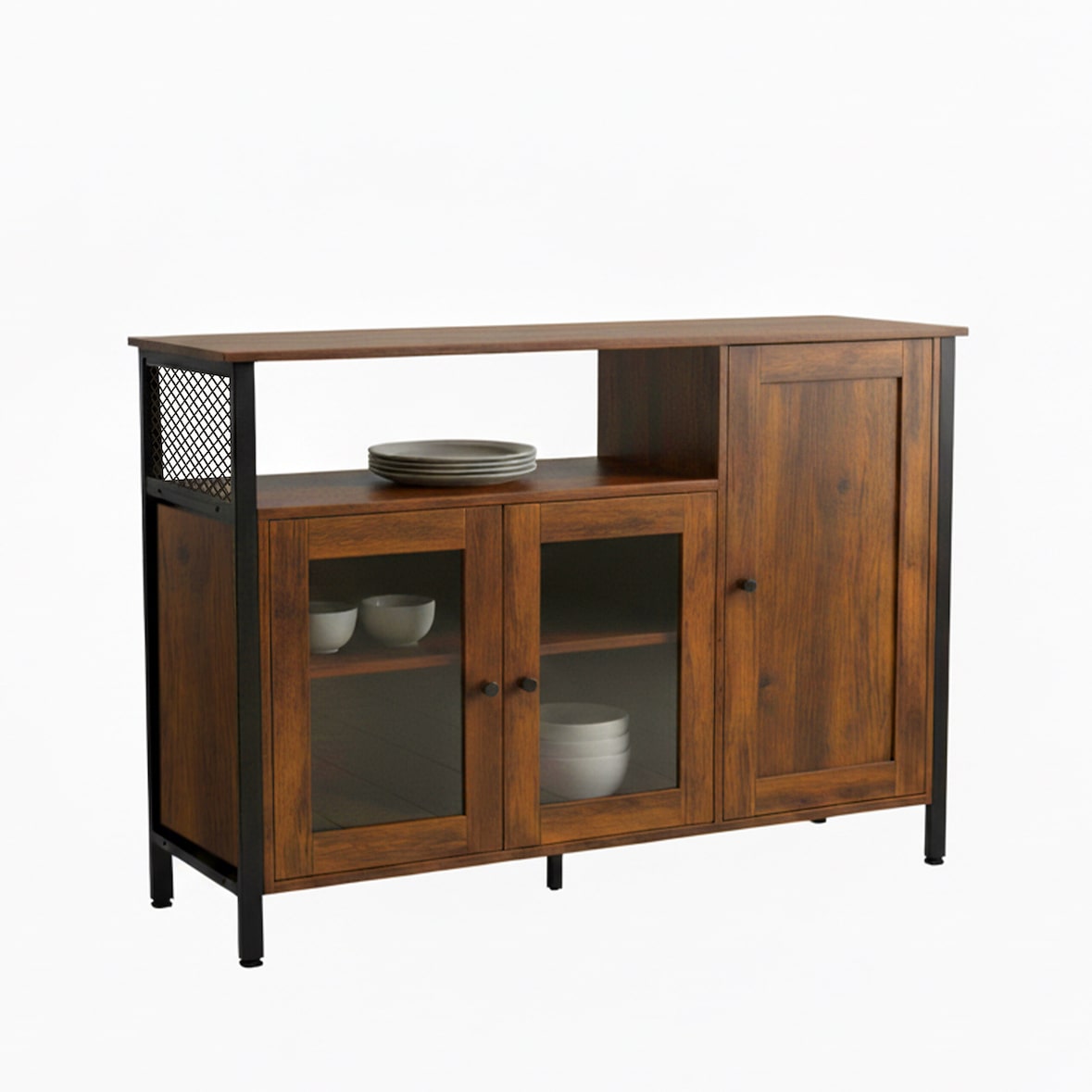 Relaxdays Küchenschrank mit Glastüren, HBT: 75 x 110 x 33 cm, 5 Fächer, Sideboard Küche, Industrial, dunkelbraun/schwarz