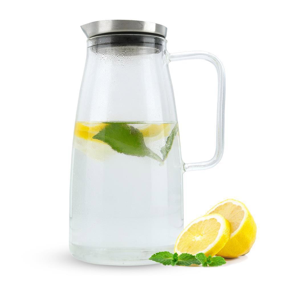 Intirilife Karaffe in KLAR - 1,2l Krug aus Borosilikatglas mit Henkel und Deckel geeignet für heiße und kalte Getränke, Tee, Kaffee, Wasser