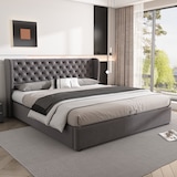 thumbnail of Chesterfield-Style Samt Polsterbett 180x200 mit Hydraulik-Bettkasten, hohem Kopfteil, Veloursstoff inkl, Lattenrost Grau