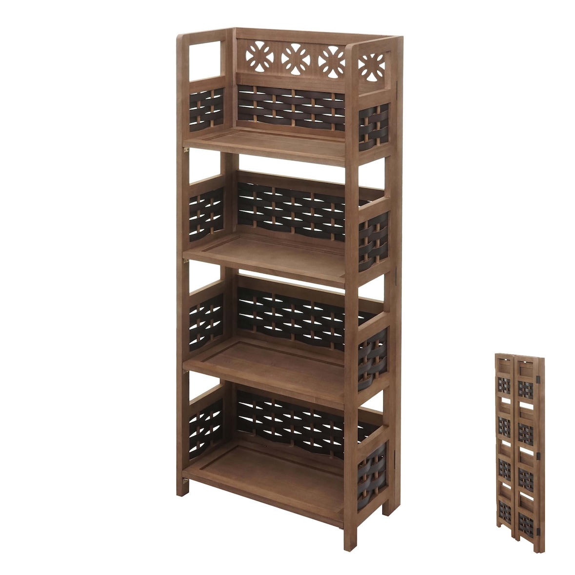 Scaffale libreria pieghevole 4x ripiani HWC-K86 legno polyrattan marrone scuro