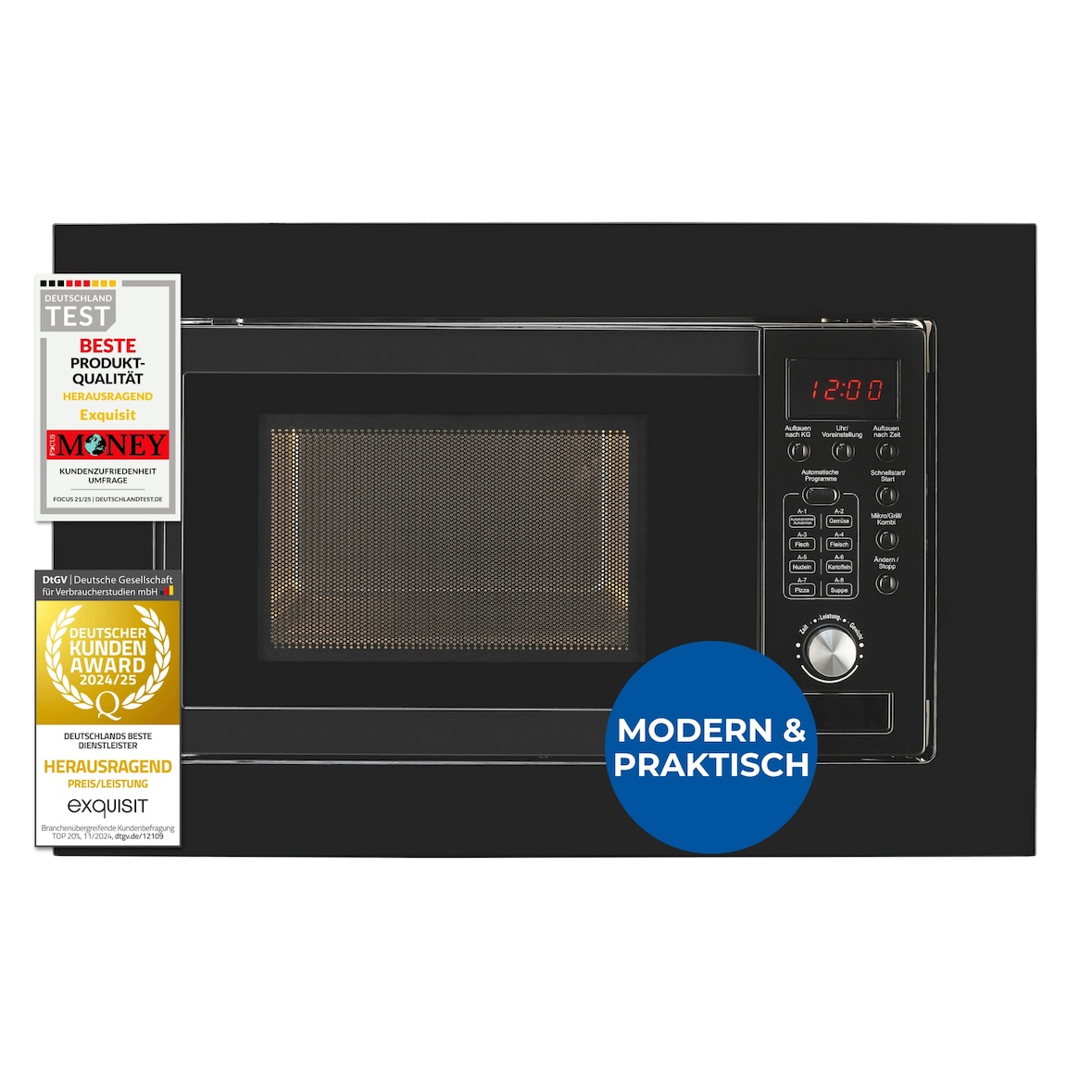 Exquisit Einbau-Mikrowellenherd, 20 Liter, Mikrowelle + Grill, 8 automatische Kochprogramme,EMW20.1 G schwarz