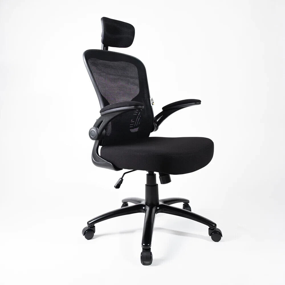 EN 1335-zertifizierter Bürostuhl – ergonomischer, verstellbarer Drehstuhl mit Kopfstütze und Armlehnen - Schwarz