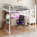 thumbnail of Hochbett 140x200 mit LED-Beleuchtung und Schreibtisch, stabiles Metallbett mit Stauraum, modernes Funktionsbett für Schlafzimmer und Studio Weiß