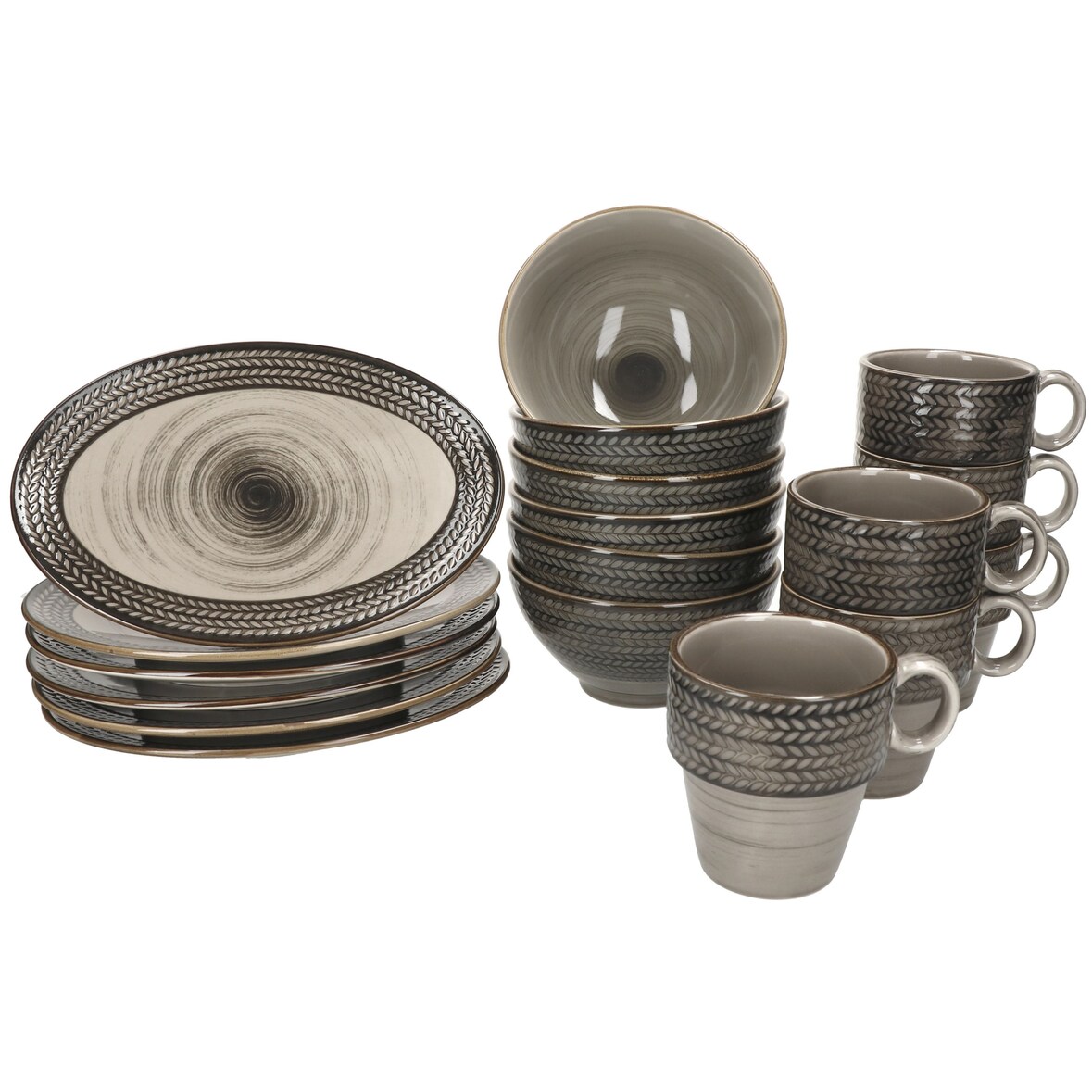 Mäser Prospero 18tlg Frühstücksset Porzellan braun Relief Platten Schalen Becher