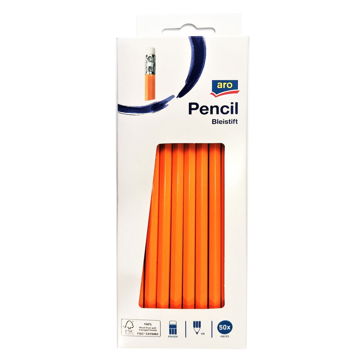 aro Potlood met gum, 2 mm HB potloodstift, hout, oranje, 50 stuks