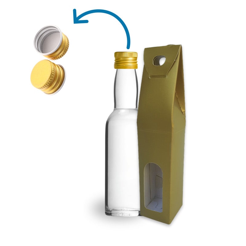 20 Mini Glasflaschen 40ml mit Goldenen Boxen, Hochzeit, Whisky, Rum, Soßen