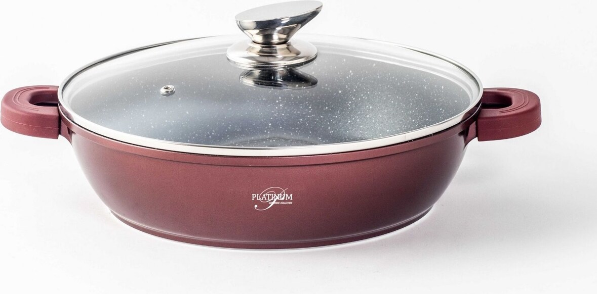 WOK Servierpfanne Schmorpfanne/ Niedrigtopf Kochtopf Induktion Ø24cm Aluguss Silikon-Griffe Burgundy
