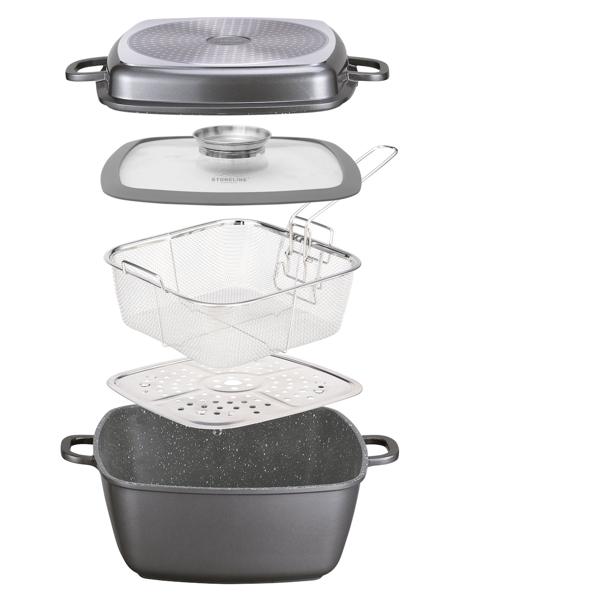 STONELINE® Multi-Eckpfanne 28 x 28 cm, mit Dampf- und Frittierfunktion, Induktion und backofengeeignet