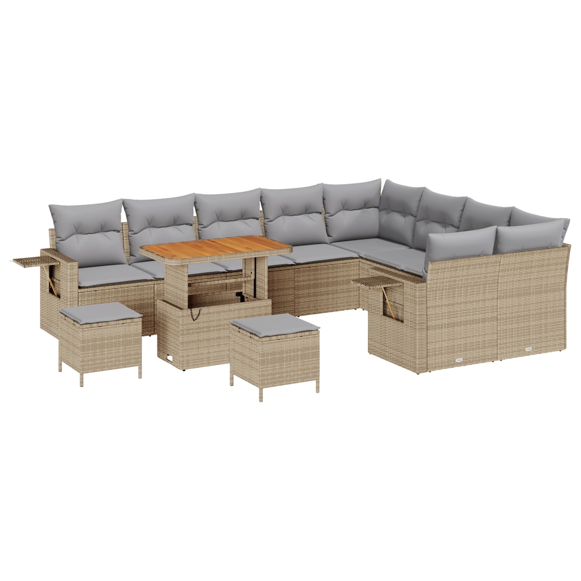 vidaXL 12-teiliges Gartensofa-Set mit Kissen in Beige aus Poly-Rattan und Akazie