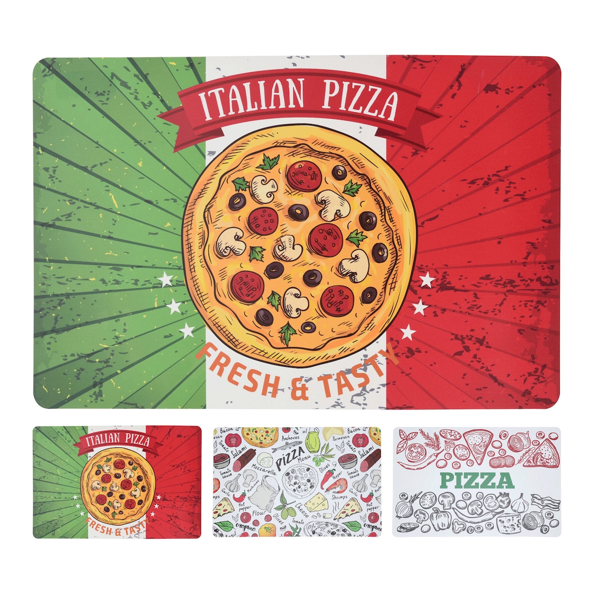 4 Tischsets abwaschbar 43x28cm Tisch Platzsets mit Pizza Motiv Platzdeckchen Tischuntersetzer Essunterlage Tischdeko Küche Gastronomie Weiß Rot Grün
