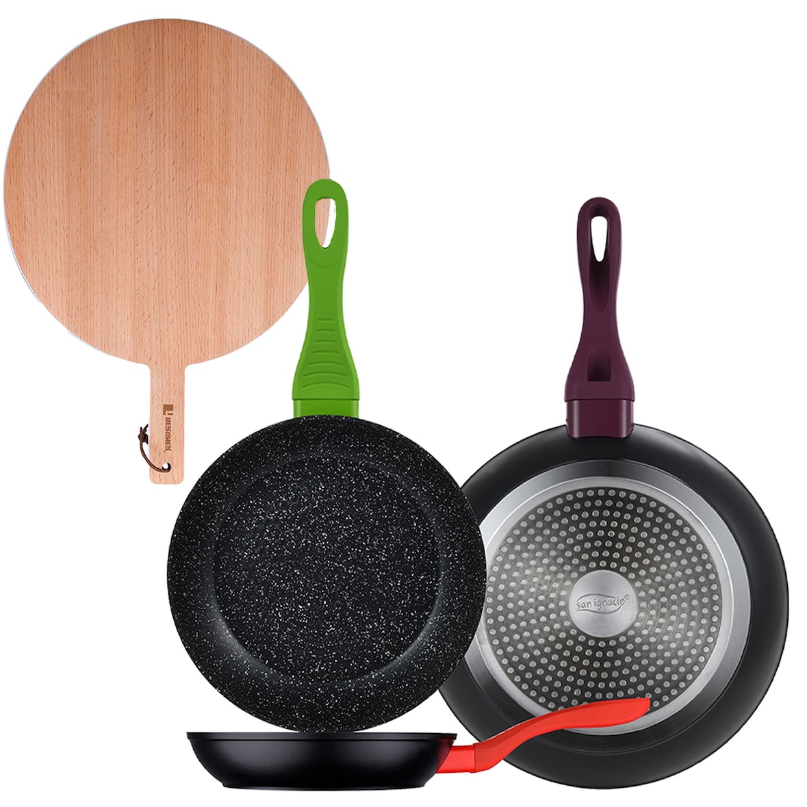 BERGNER - Set aus 3 Jolie-Pfannen Ø20/Ø24/Ø28 cm in Schwarz Rundes Schneidebrett 38x28x1,5 cm aus Buchenholz