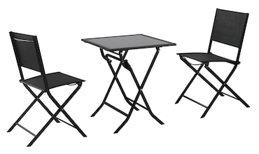 METRO PROFESSIONAL Set de terrasse SANTORINI, 3 pièces, textilène/acier/verre, 1 table, 2 chaises, pliantes, noir