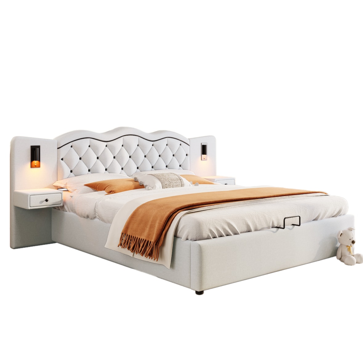 Merax Polsterbett, Hydraulisches Doppelbett 180x200cm mit Nachttischlampen USB-Anschluss, Beige