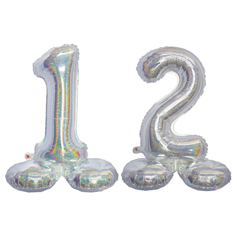 Stehender XL Folienballon Zahl 12 silber holografisch 72 cm 12. Geburtstag