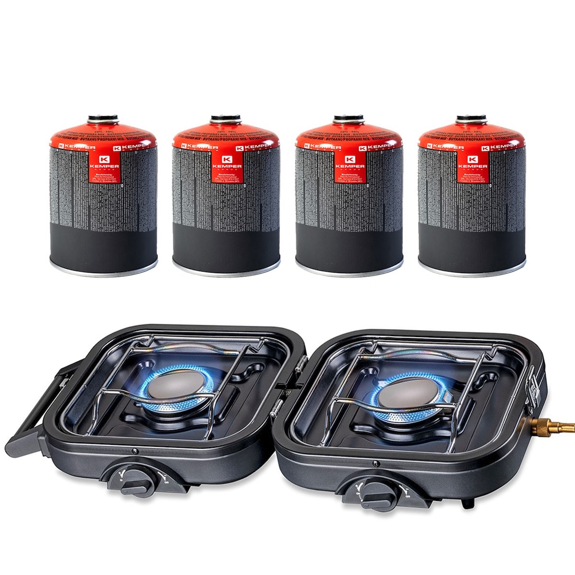 Réchaud gaz 2 feux 4600W pliable + 4 Cartouches de gaz KEMPER