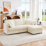 thumbnail of L-förmiges Schlafsofa 218x156x86 cm 3-Sitzer aus Chenille mit Fußhocker, verstellbaren Armlehnen, Stauraum Wohnzimmer Sofa Beige