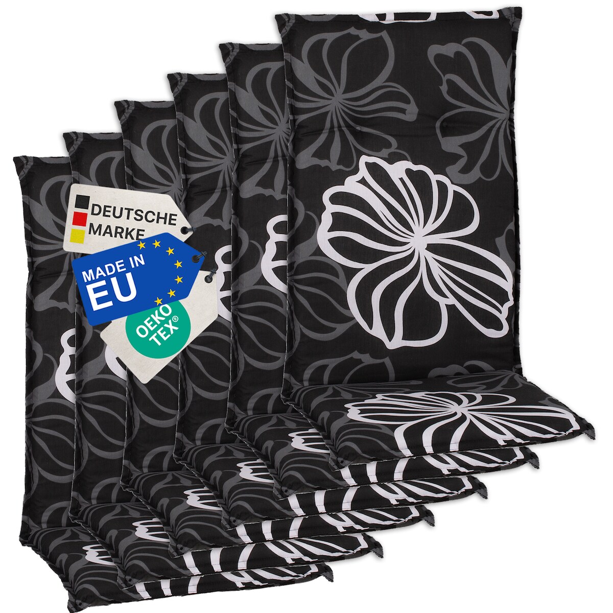NYVI Gartenstuhl-Auflage Barcelona – Hochlehnerauflage für Gartenstühle Dessin:Black Flower M125,Anzahl:6er Set