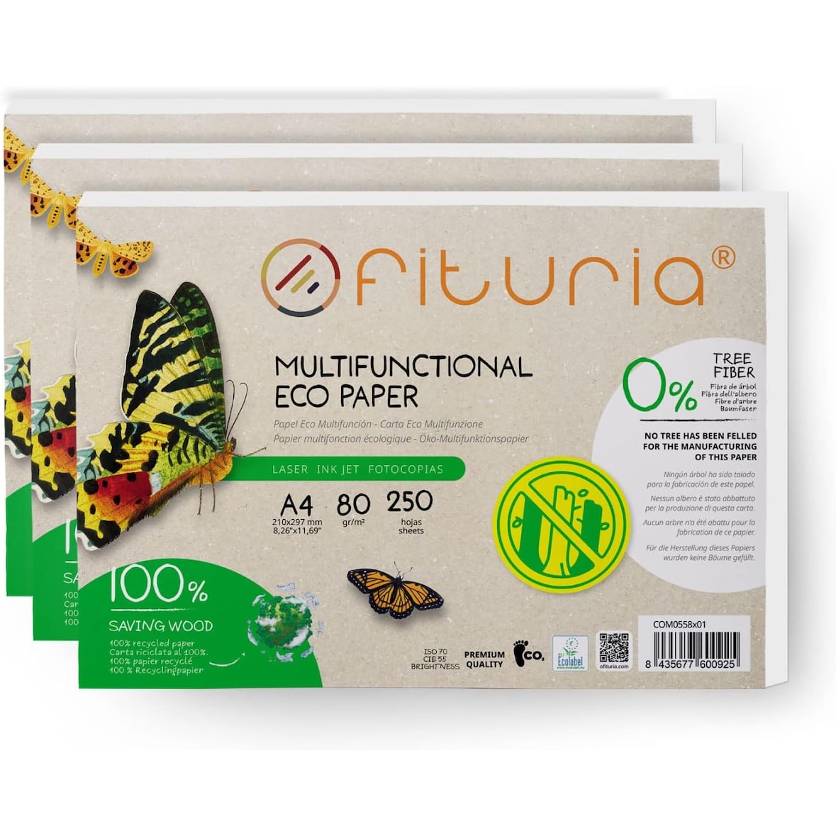 Papel Reciclado A4 80gr, 750 Folios 100% Fabricado con Papel Reciclado, Color Natural Apto para Impresora Laser e Inkjet - Ofituria