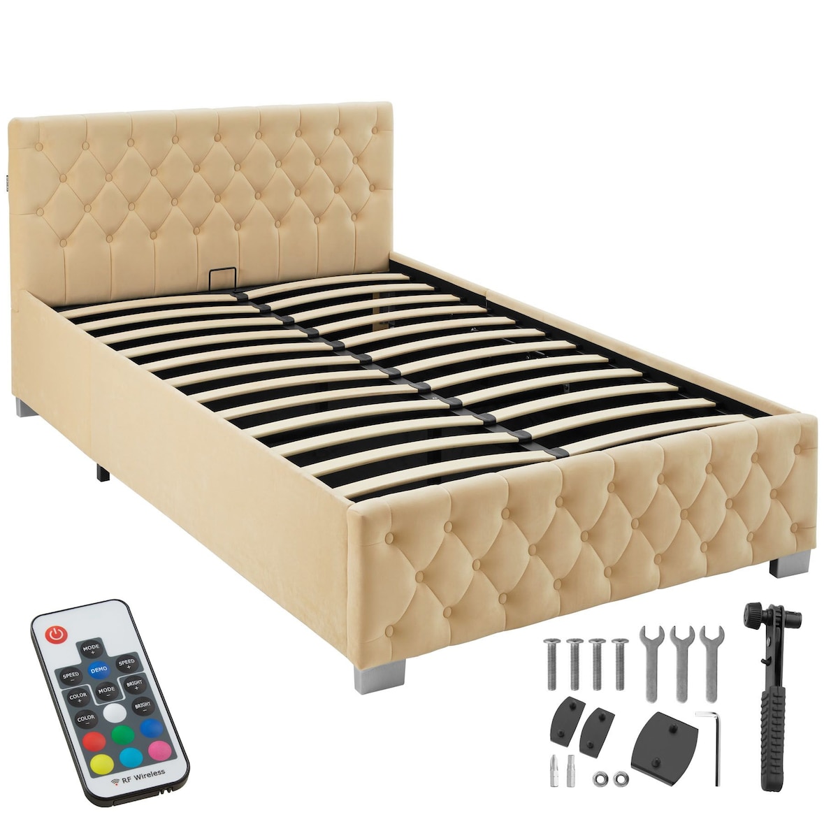 tectake Gestoffeerd bed met LED-strips & opbergruimte - beige, 120 x 200 cm - 405974