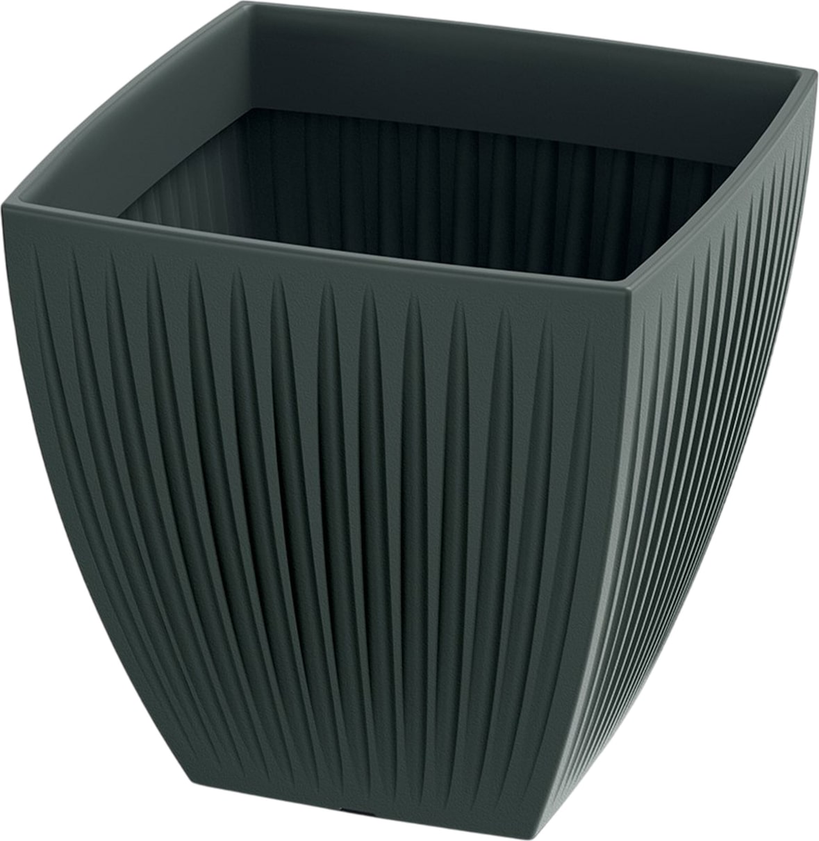 Ein dunkler, quadratischer Blumentopf mit vertikalen Rillen.
