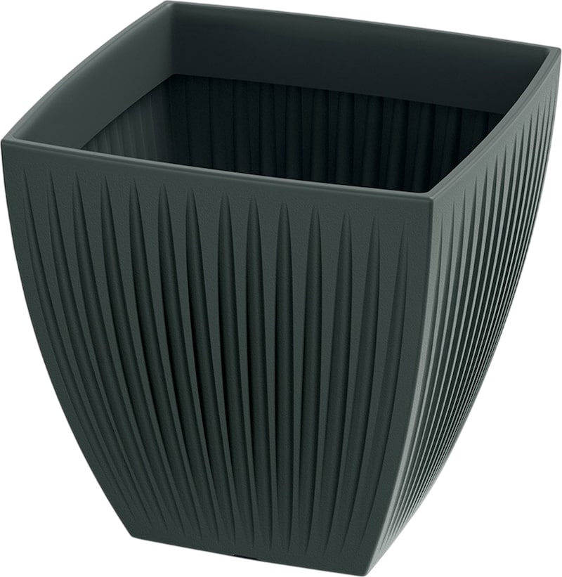 Ein dunkler, quadratischer Blumentopf mit vertikalen Rillen.