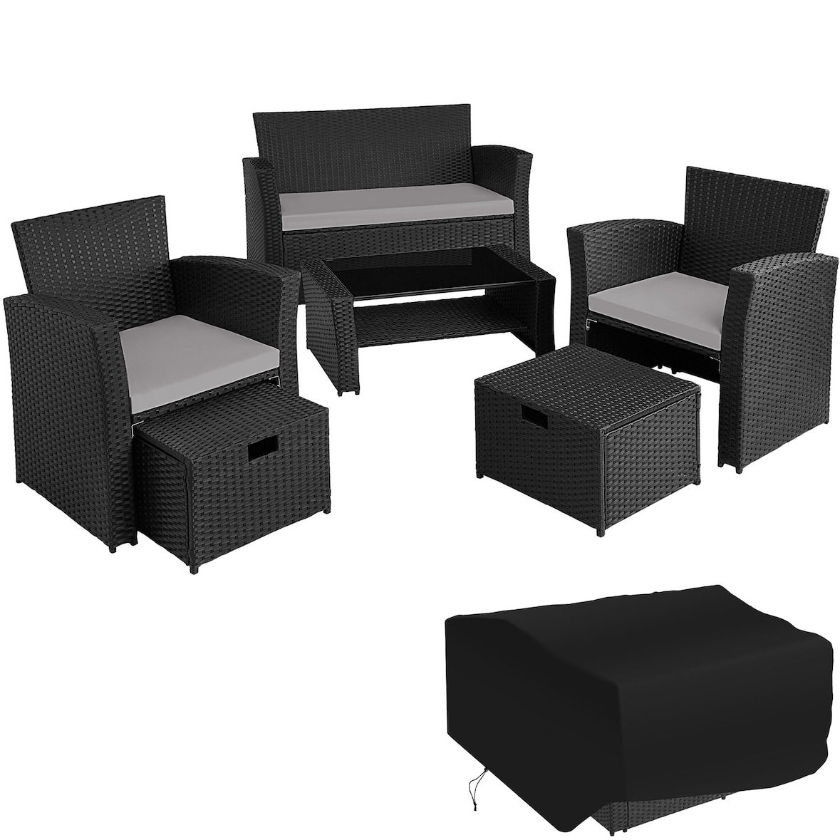 tectake Salon de jardin Modena 3+2+1 avec housse de protection - noir/gris - 404299