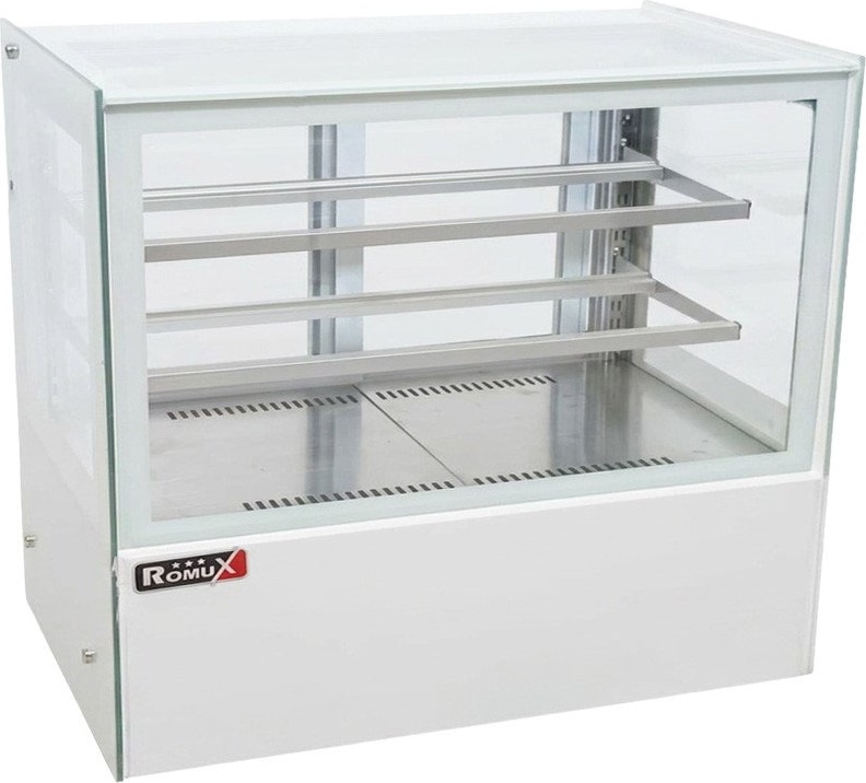 Romux® Kühlvitrine für Konditorei Quadratisch Tischgerät 2 Böden Weiß 470 Liter Umluftkühlung | Kühlvitrine Gerade Glasscheiben