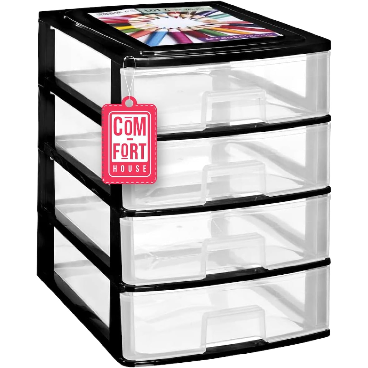 COM-FORT HOUSE | Cajonera Apilable de Plástico | Modelo Transparente | Color Negro | Modelo de 4 Cajones