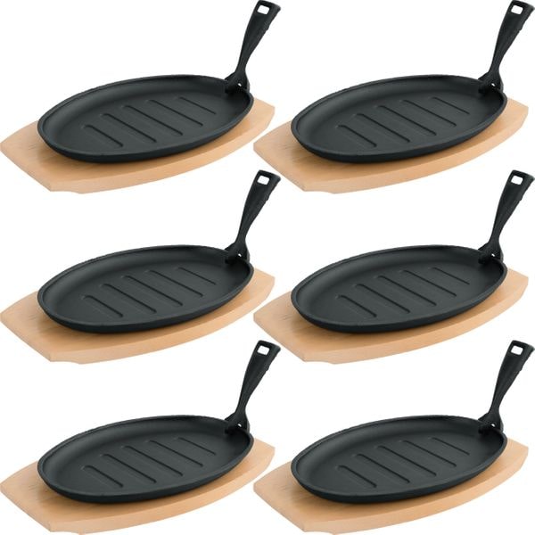 6x WAS Germany Servierpfanne mit Holzuntersetzer und abnehmbarem Serviergriff 27 x 17,5 x 2 cm Gusseisen
