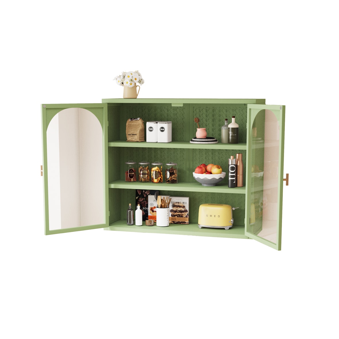 Wandvitrine Metall Glas Grün 60x70x23 cm mit zwei Glastüren und 3 Ebenen, geflochtene Optik, flexibel als Wand oder Standvitrine