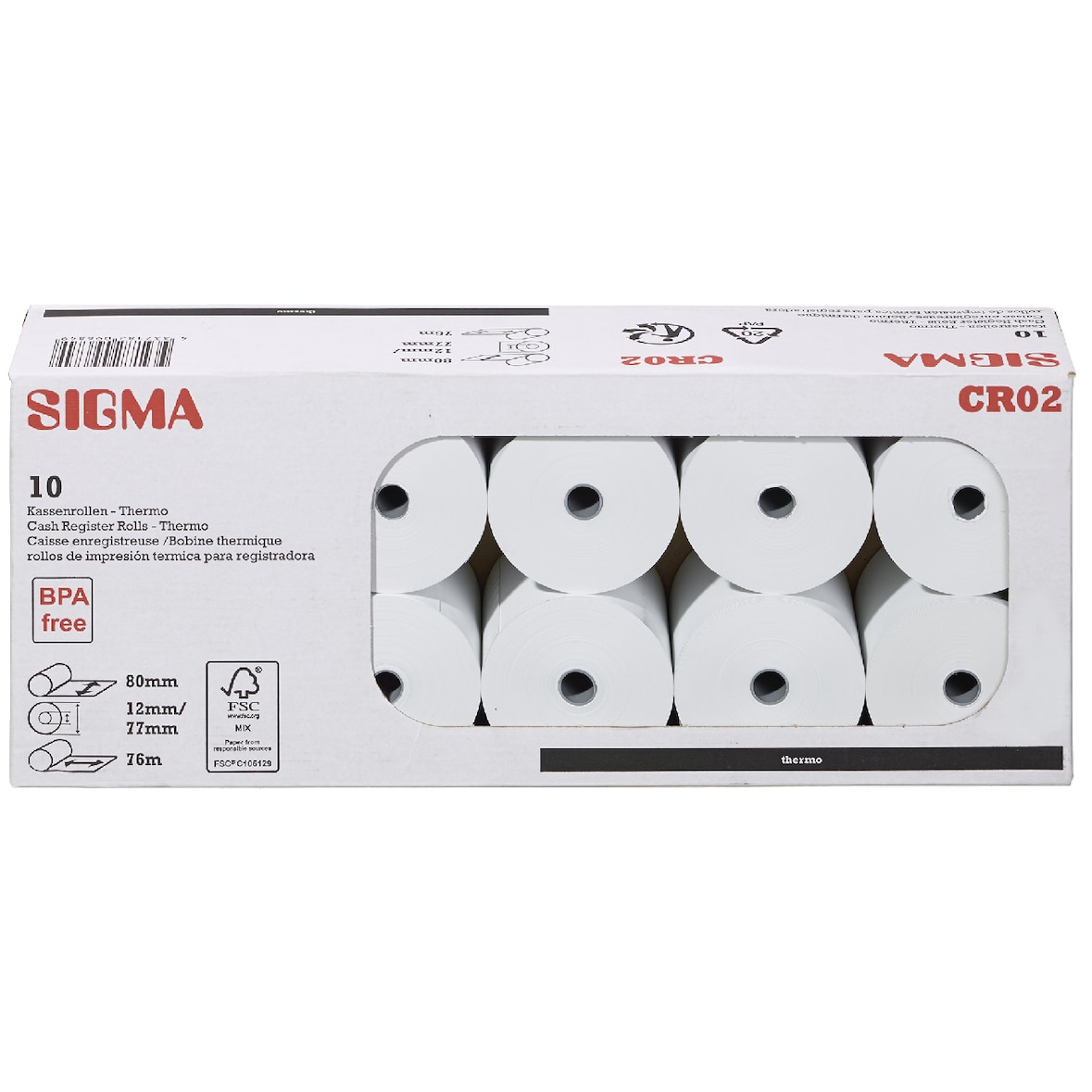 SIGMA Rouleaux de caisses thermiques CR02, 80 mm x 76 m, 10 unités