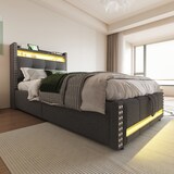thumbnail of Multifunktionales Polsterbett mit Stauraum und LED-Beleuchtung für , USB-Steckdose, hydraulisches Hebesystem, grauer Leinenstoff, 90x200 Grau
