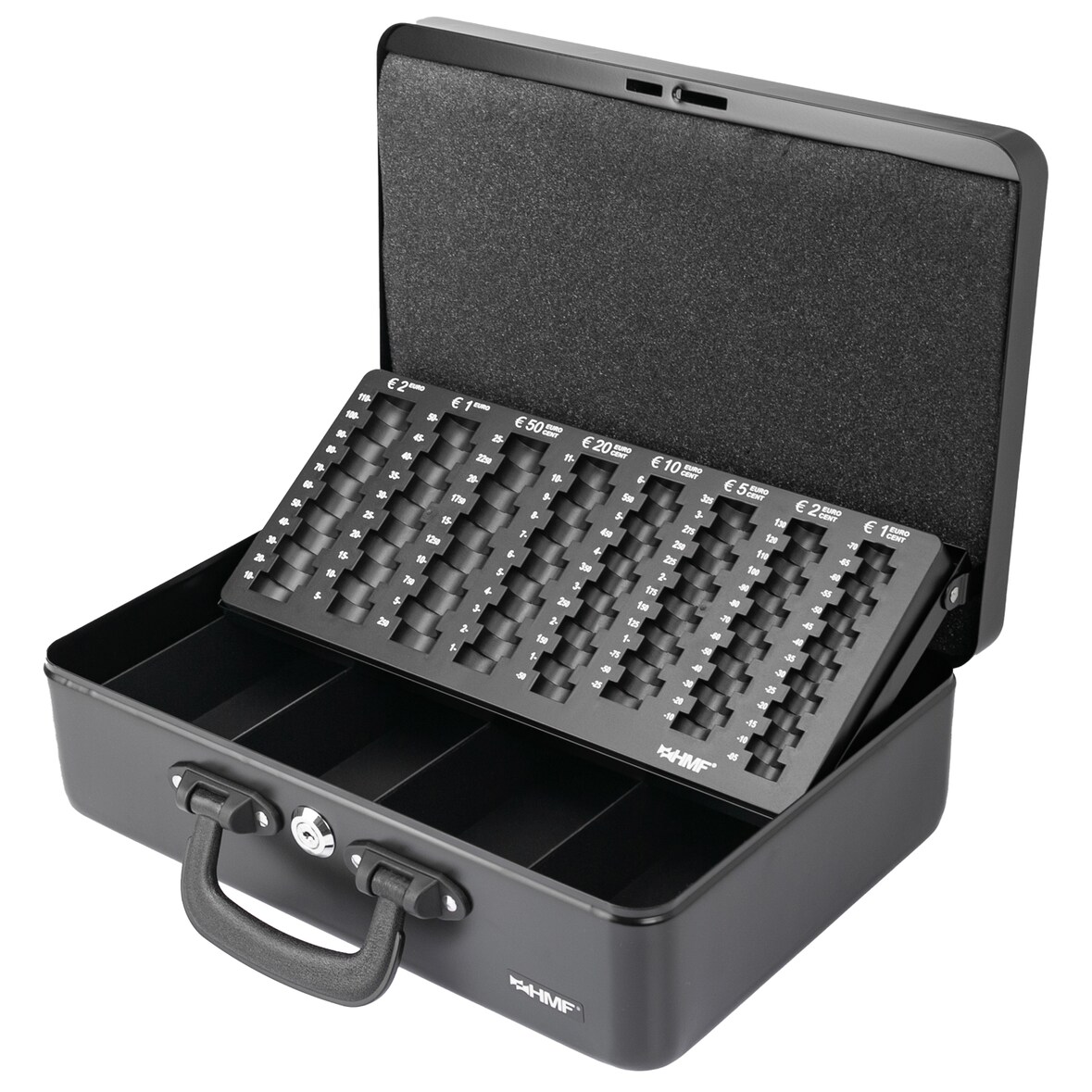 HMF 22037-02 Geldkassette mit Münzzählbrett und 2 Tragegriffen, 36 x 25 x 11 cm, Schwarz