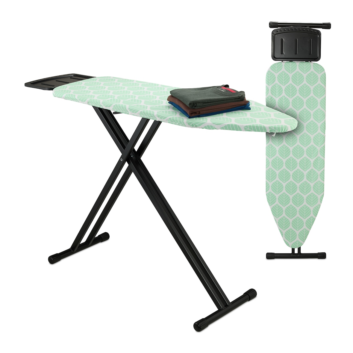 Relaxdays Bügelbrett für Dampfbügeleisen, 123 x 39 cm, höhenverstellbar, klappbar, Ablage, Bügeltisch, grün/schwarz