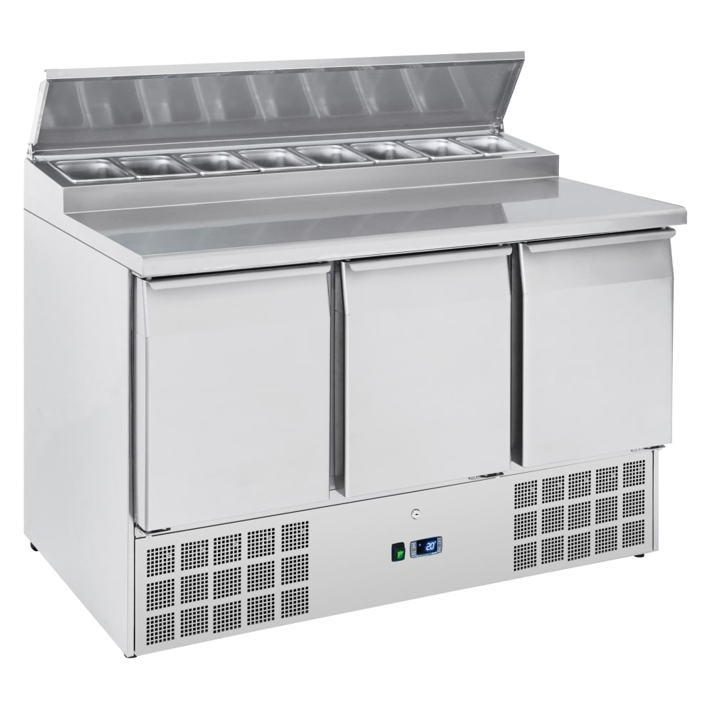 Mueble preparacion bocadillos 3 puertas con 8 cubetas 1/6-150 - 1365x700x880 mm - 230 W 230/1V - 7CA395RC Eurast