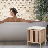 thumbnail of Relaxdays Wäschekorb mit Sitz, Badhocker mit Stauraum, 40 l Wäschesammler, Holz/Stoff, HBT: 51 x 41 x 41 cm, natur/weiß