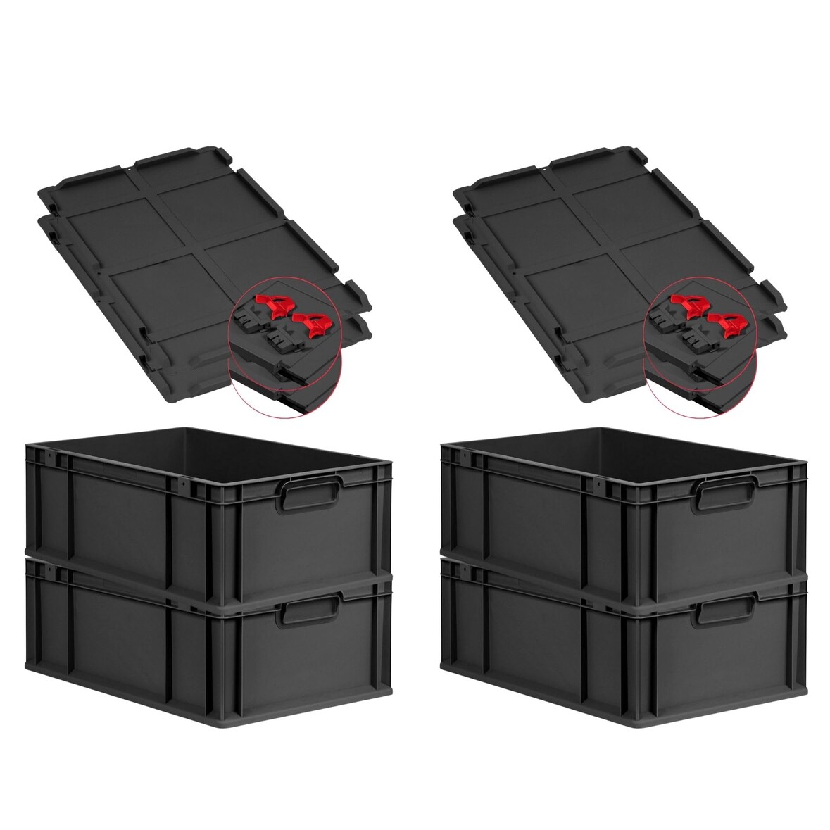 PROREGAL SuperSparSet 4x Eurobox NextGen Grip mit Scharnierdeckel & roten Verschlüssen, HxBxT 22x40x60cm, 44L, Schwarz, Griffe zu, Eurobehälter