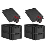thumbnail of PROREGAL SuperSparSet 4x Eurobox NextGen Grip mit Scharnierdeckel & roten Verschlüssen, HxBxT 22x40x60cm, 44L, Schwarz, Griffe zu, Eurobehälter