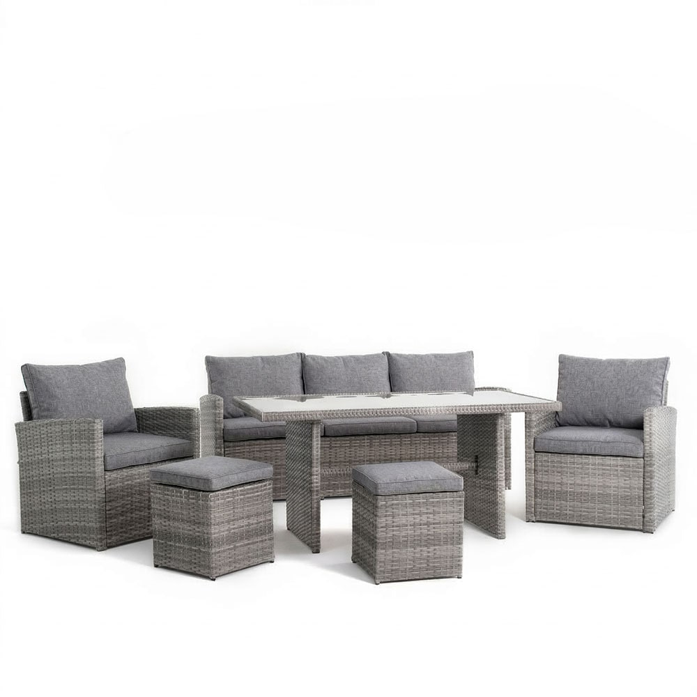 Ensemble de détente de jardin en polyrattan avec canapé, fauteuils, poufs et table en verre, élégant et confortable, pour jardin, terrasse – CATANIA