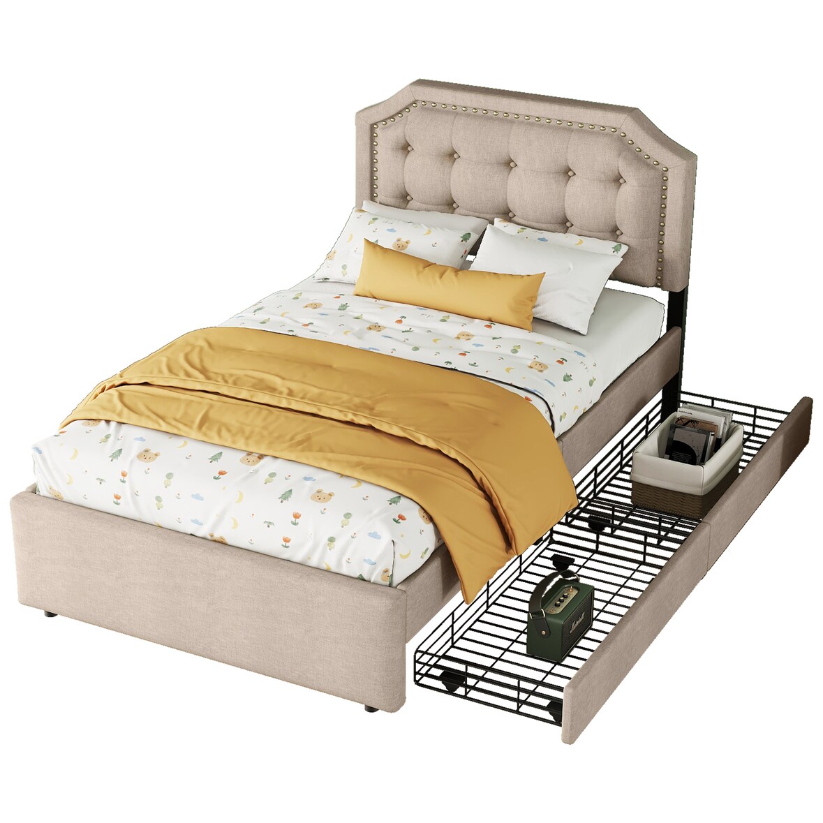 Polsterbett 90x200 mit Stauraum, Einzelbett mit zwei Schubladen, verstellbarer Nachttisch, gepolstertes Bettgestell Beige+Braun