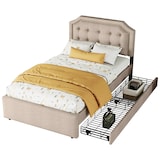 thumbnail of Polsterbett 90x200 mit Stauraum, Einzelbett mit zwei Schubladen, verstellbarer Nachttisch, gepolstertes Bettgestell Beige+Braun