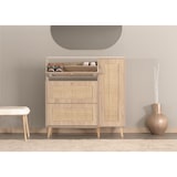 thumbnail of Rattan-Schuhkipper HWC-M37, Schuhregal Schuhschrank, 3 Kippfächer 2 Regalböden 127x120x24cm Holz Melamin ~ Eiche-Optik