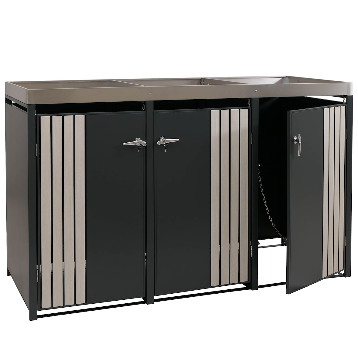 3er-Mülltonnenverkleidung mit Pflanzkasten | HxBxT 125x196x84 cm | Anthrazit Holzoptik hell | Mülltonne 75kg