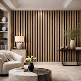 thumbnail of Panel decorativo de lamas de madera, láminas de MDF y fieltro PET, juego de 12 piezas 60x60, revestimiento de pared fonoabsorbente, color nogal claro