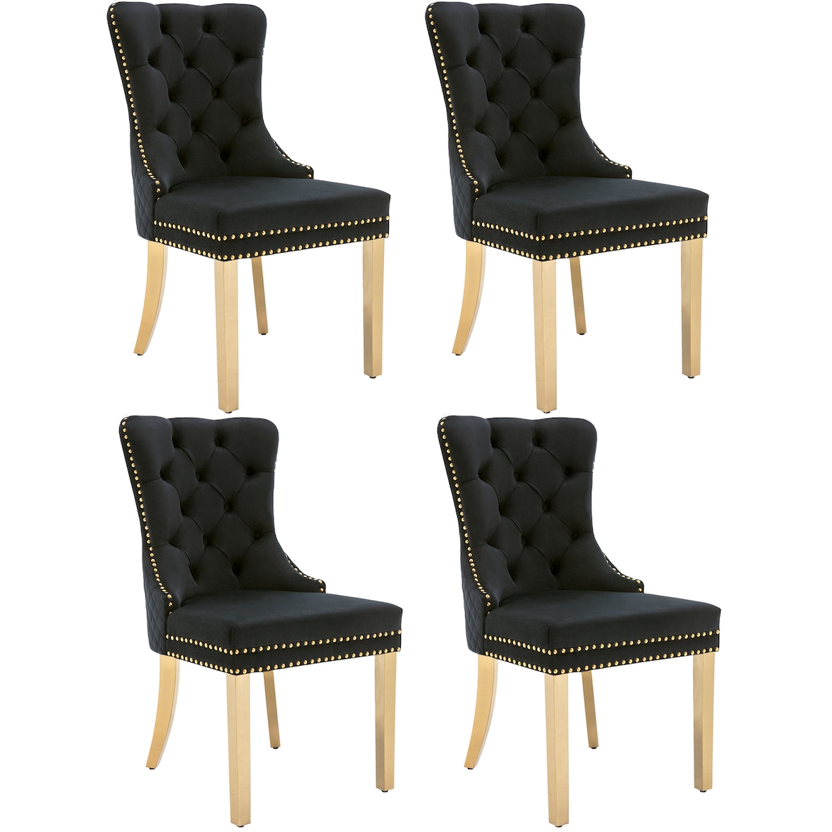 Merax Silla de Comedor Juego de 4 Sillas de Salón 4 Piezas Silla tapizada Patas de Apoyo de Acero Inoxidable Chapado en Oro Terciopelo Negro